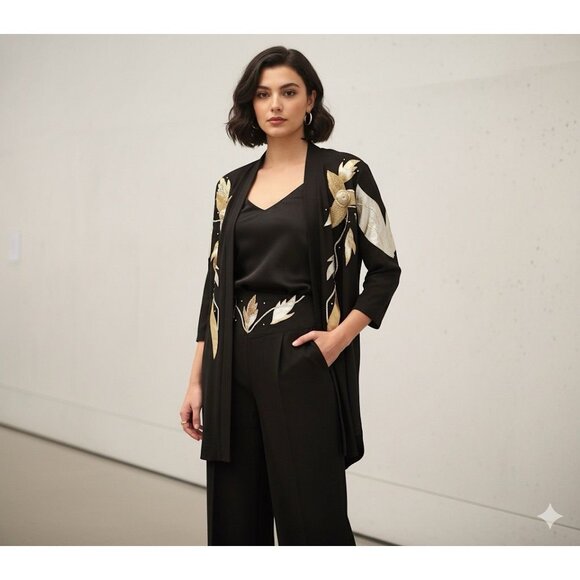 Vtg 80s Carabella Black Gold Floral Jacket Pant Set Women’s XL Retro‎ Outfit - Picture 1 of 6